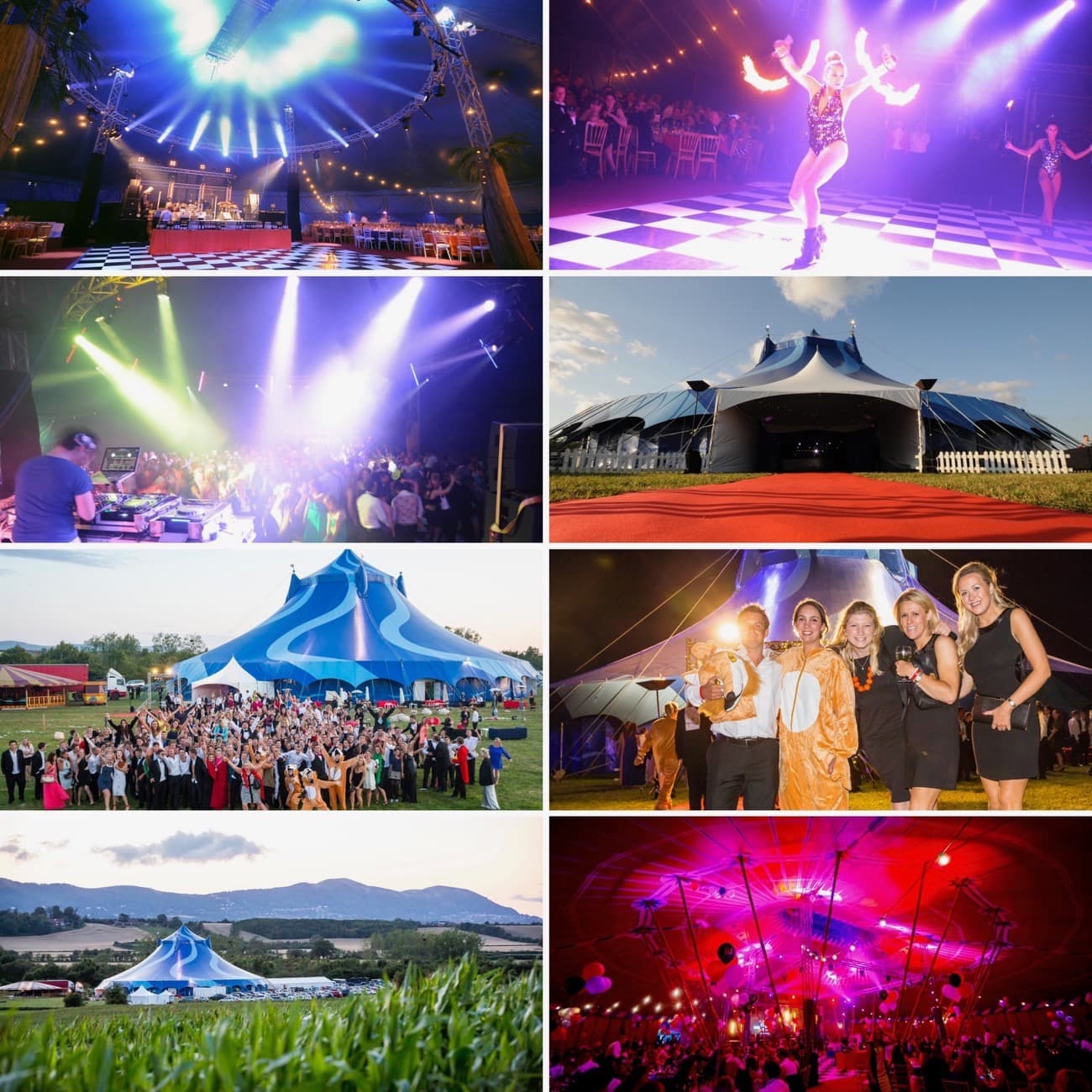 Big top corporate parties with fire performers and nightclub lighting